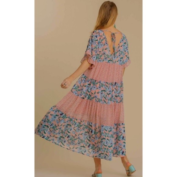 New UMGEE Small Pastel Floral Ruffle Sleeve V-Neck Maxi Dress Back Tie Dress - Picture 4 of 4